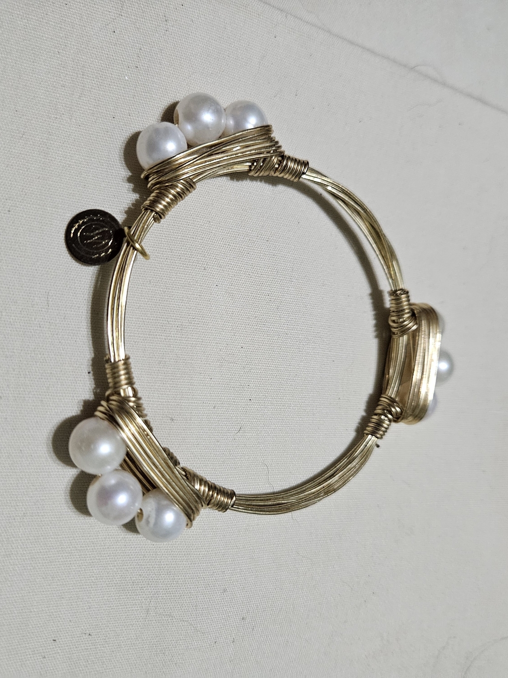 Bourbon and Bowties Gold Wire-Wrapped Bracelet with White Pearls